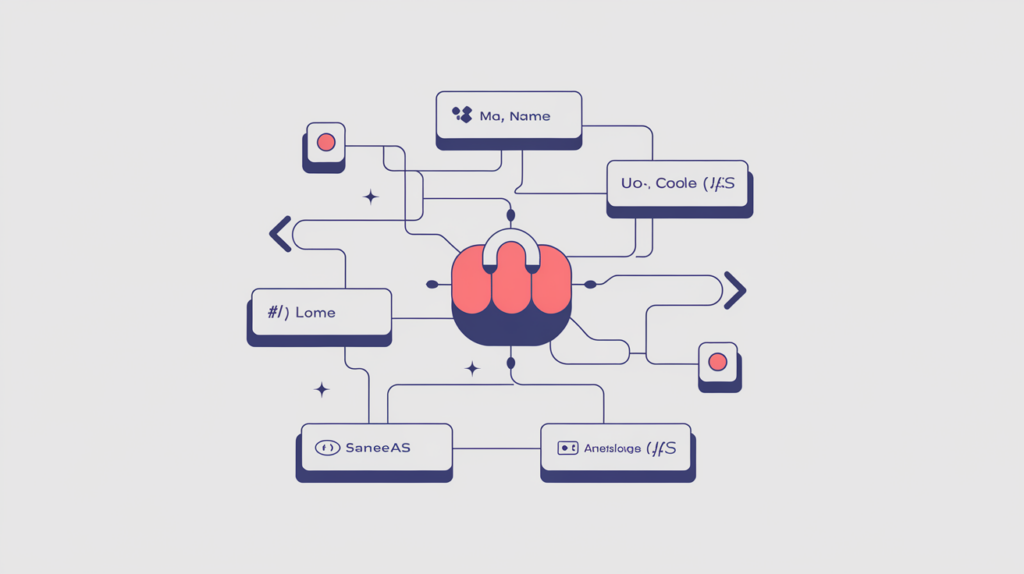 Abstract illustration of an organization entity node linked to identity attributes inside a JSON-LD knowledge graph, in RankGear indigo and coral.