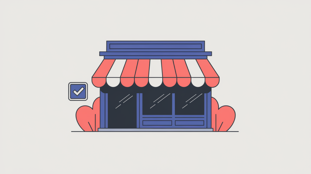 Abstract illustration of an outlet store wrapped in a JSON-LD data tag with a detection checkmark, in RankGear indigo and coral.