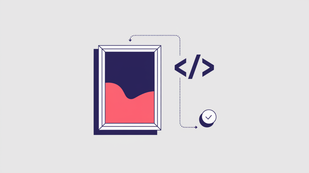Abstract illustration of a framed painting tagged with a JSON-LD structured-data badge, in RankGear indigo and coral.