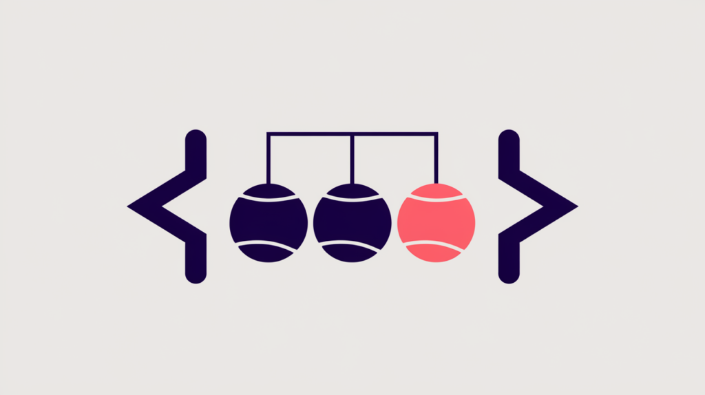 Abstract illustration of the three-ball pawnbroker symbol wired into JSON braces representing PawnShop structured data, in RankGear indigo and coral.