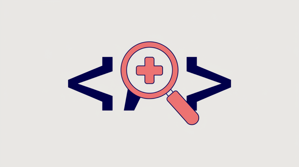 Abstract illustration of a pediatric medical badge inside JSON-LD code brackets with a magnifier over a schema type tag, in RankGear indigo and coral.