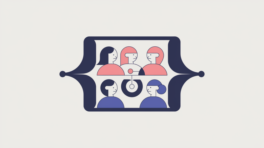 Abstract illustration of a defined people-audience grouped inside a JSON-LD bracket with demographic facets, in RankGear indigo and coral.