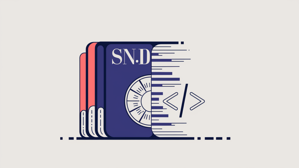 Abstract illustration of periodical JSON-LD schema detection, stacked magazine issues and a frequency dial formed from code brackets, in RankGear indigo and coral.
