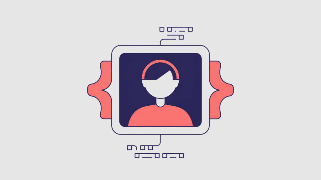 Abstract illustration of a Person entity declared in JSON-LD structured data, in RankGear indigo and coral.