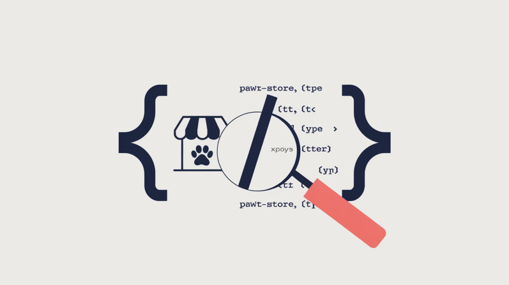 Abstract illustration of a lens detecting a PetStore JSON-LD type inside a code bracket enclosing a pet-shop glyph, in RankGear indigo and coral.