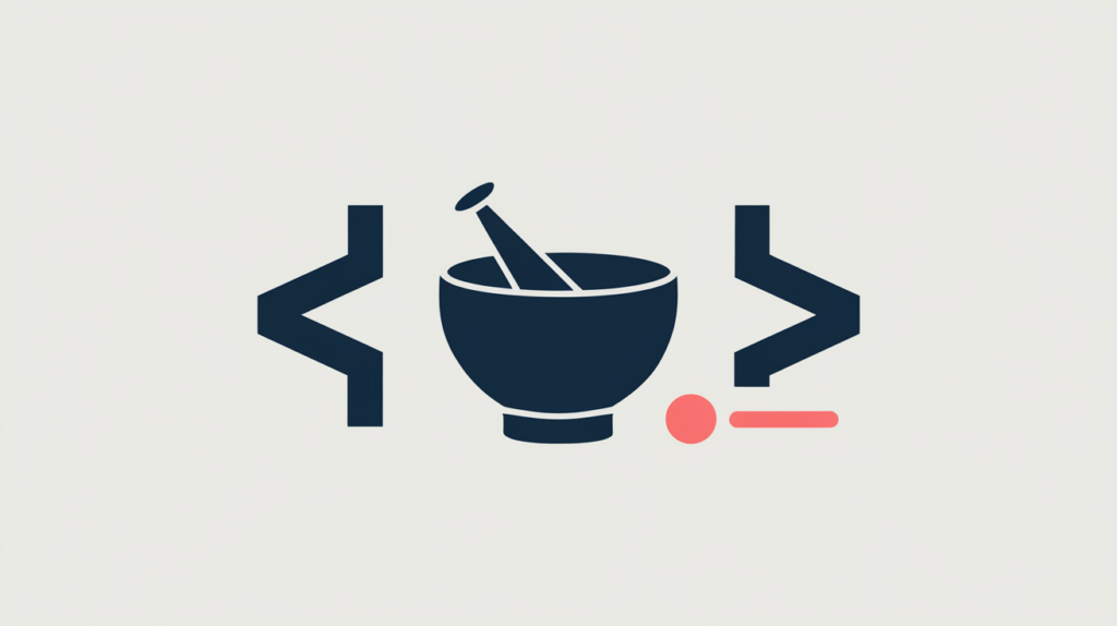 Abstract illustration of a pharmacy symbol inside JSON-LD code braces with a presence toggle, in RankGear indigo and coral.