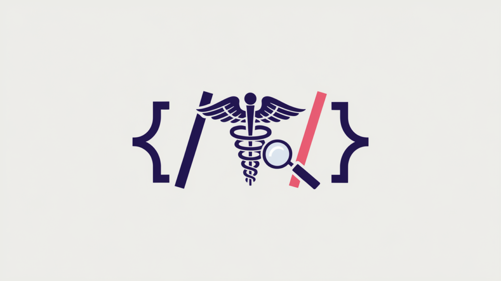 Abstract illustration of a physician schema type detected inside JSON-LD code brackets, in RankGear indigo and coral.