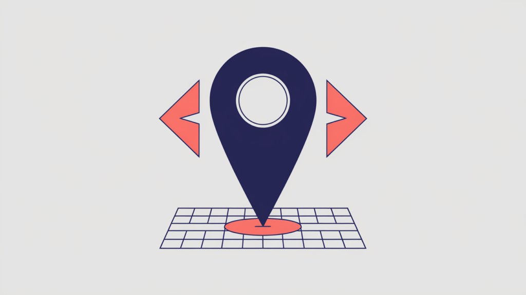 Abstract illustration of a map location pin merged with a JSON-LD data bracket marking a place, in RankGear indigo and coral.