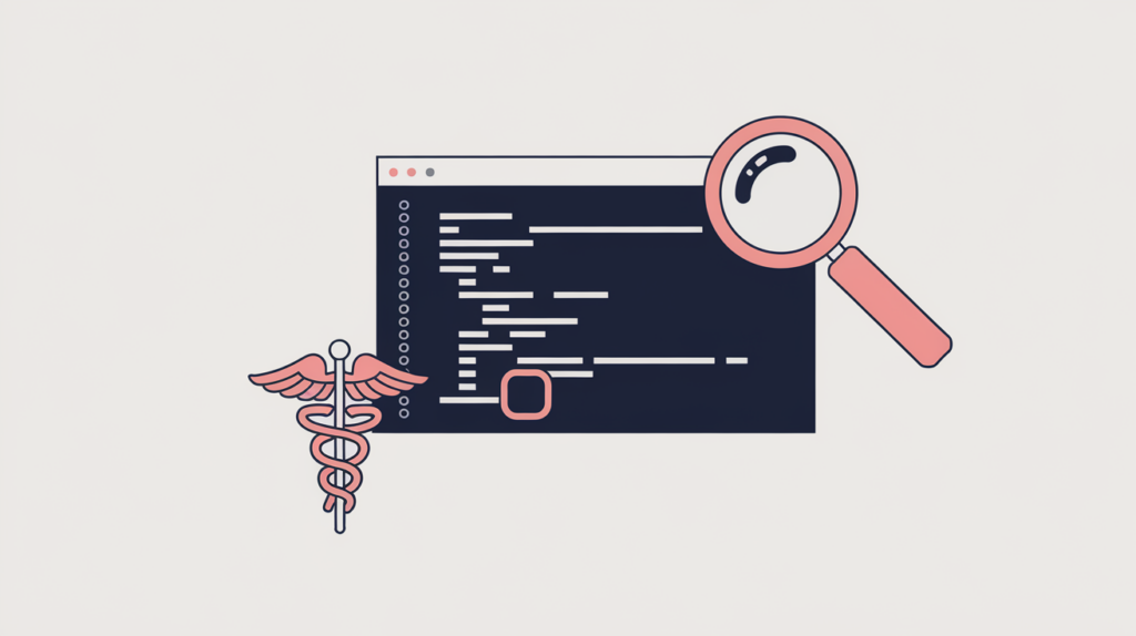 Abstract illustration of a JSON-LD schema block being scanned for a PlasticSurgery medical type, in RankGear indigo and coral.