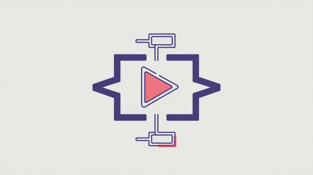 Abstract illustration of a play button inside a JSON-LD code bracket linked to a schema node, in RankGear indigo and coral.