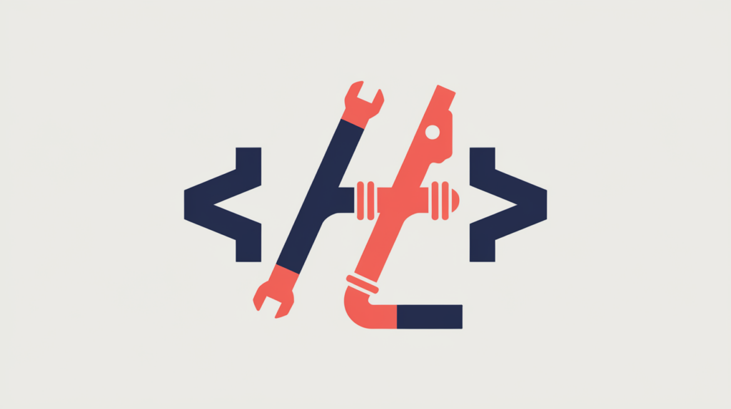 Abstract illustration of a plumbing wrench merged with JSON-LD schema code brackets, in RankGear indigo and coral.