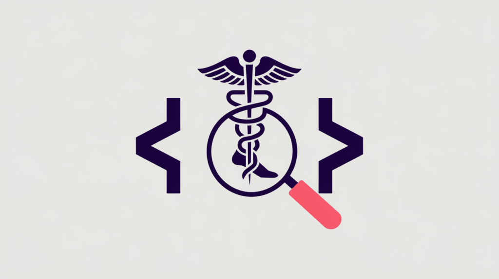 Abstract illustration of a podiatric medical symbol inside JSON-LD code braces being scanned, in RankGear indigo and coral.