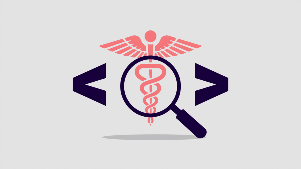 Abstract illustration of a primary-care medical symbol inside JSON-LD schema braces being scanned for presence, in RankGear indigo and coral.
