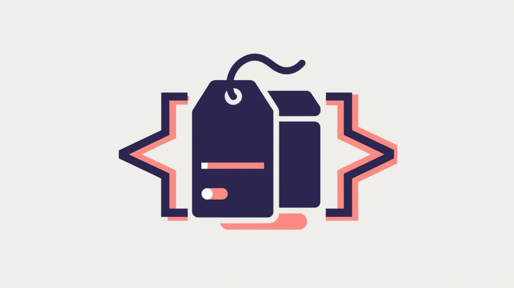 Abstract illustration of a product wrapped in a JSON-LD schema bracket signalling detected Product markup, in RankGear indigo and coral.