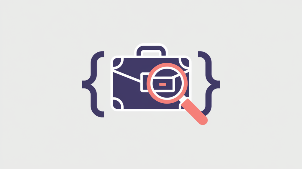 Abstract illustration of a professional-service business icon inside JSON-LD curly braces being scanned for presence, in RankGear indigo and coral.