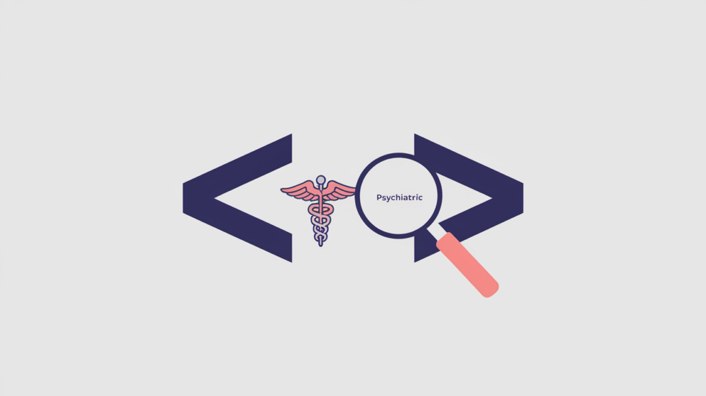 Abstract illustration of a JSON-LD schema type node for a psychiatric medical service being detected in page source, in RankGear indigo and coral.