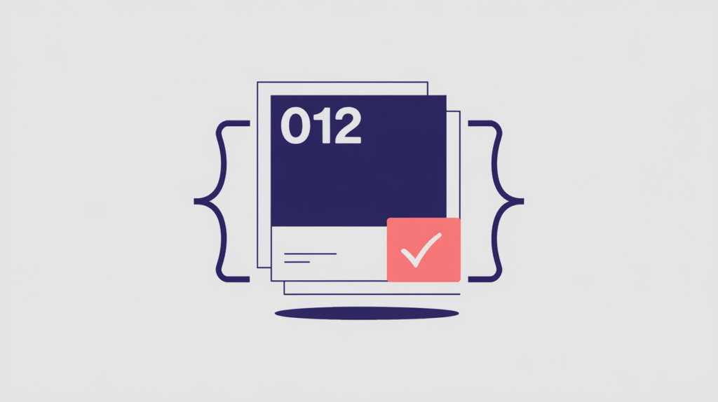 Abstract illustration of a periodical issue wrapped in JSON-LD brackets with a presence checkmark, in RankGear indigo and coral.