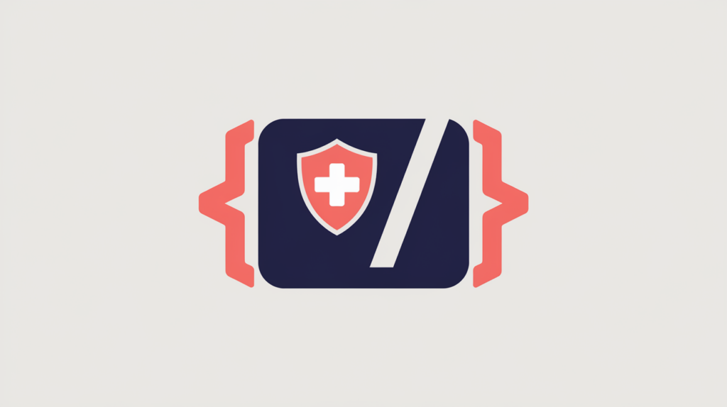 Abstract illustration of a public-health shield inside JSON-LD braces with a detection checkmark, in RankGear indigo and coral.