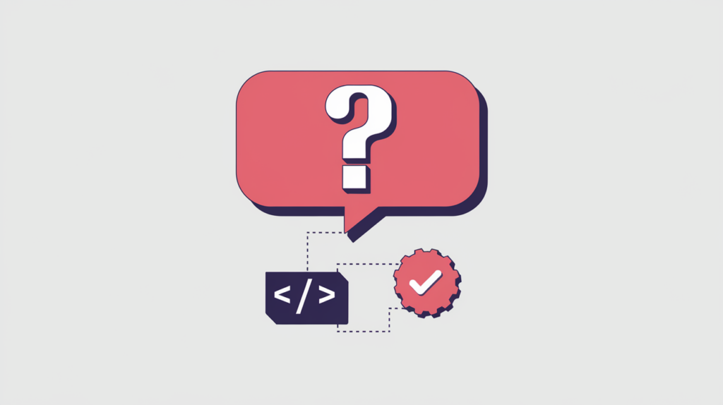 Abstract illustration of a question-mark speech bubble linked to a JSON-LD code node, in RankGear indigo and coral.