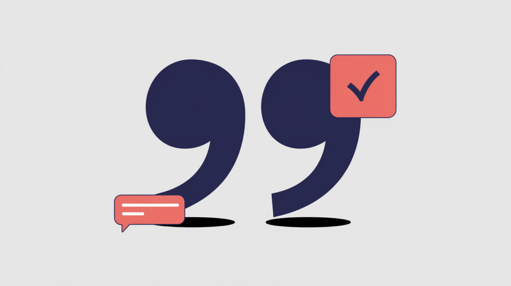 Abstract illustration of a JSON-LD quotation schema block with a quote mark and attribution tag, in RankGear indigo and coral.