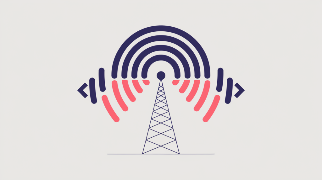 Abstract illustration of a radio broadcast tower whose signal arc is wrapped in a JSON code bracket, in RankGear indigo and coral.