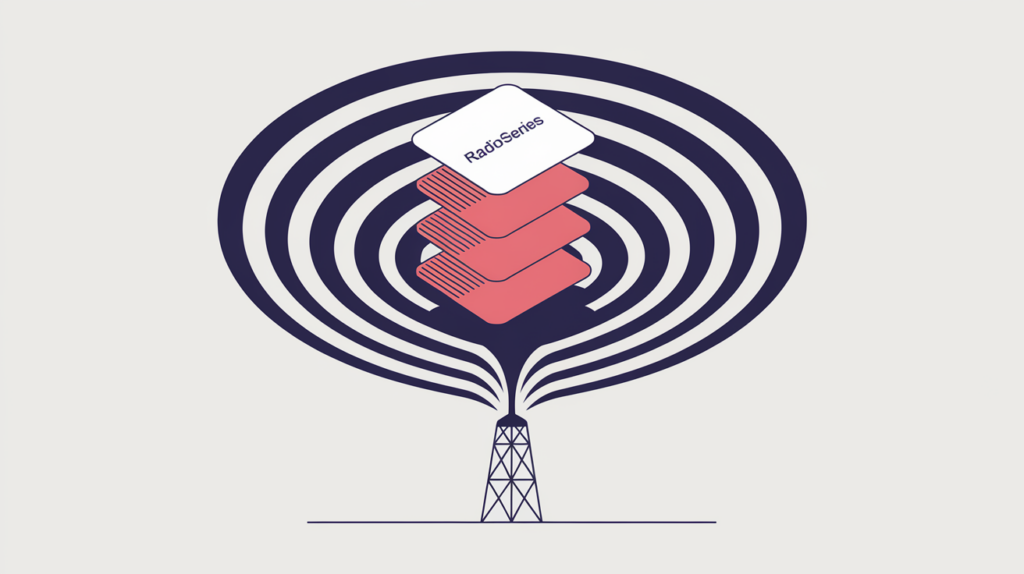 Abstract illustration of a radio broadcast tower with signal waves linking to a structured-data schema node of episode cards, in RankGear indigo and coral.