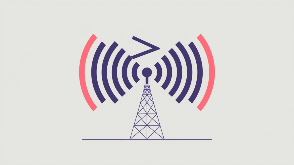 Abstract illustration of a radio broadcast tower with signal waves wrapped in a schema markup bracket, in RankGear indigo and coral.