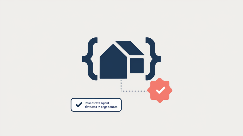 Abstract illustration of a house-shaped schema node inside curly braces with a verification badge, in RankGear indigo and coral.