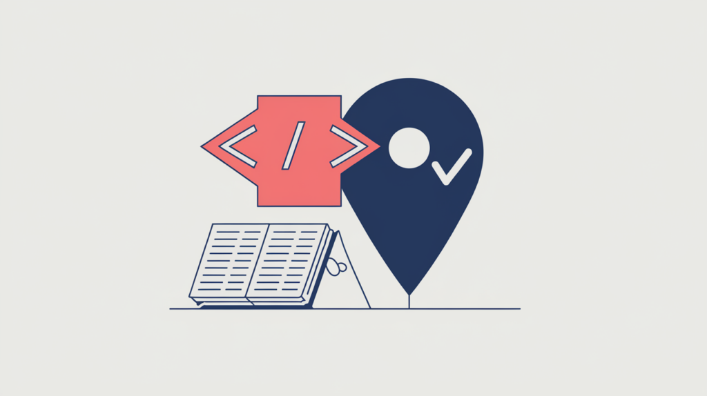 Abstract illustration of a JSON-LD reportage news article schema tag detected in page source, in RankGear indigo and coral.