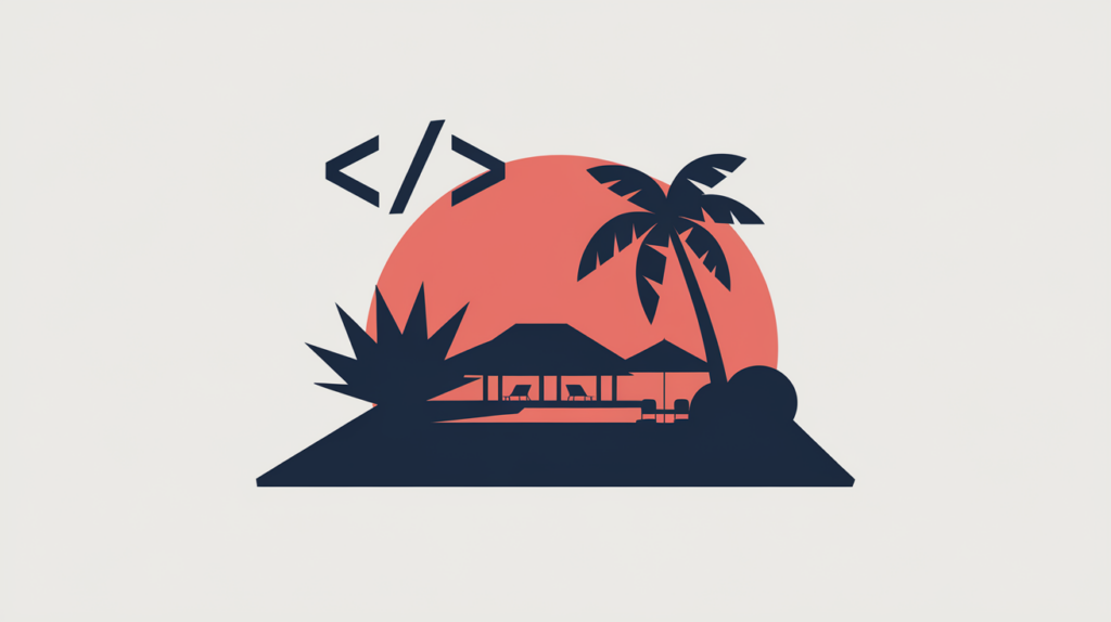 Abstract illustration of a resort property linked to a JSON-LD structured-data type node, in RankGear indigo and coral.
