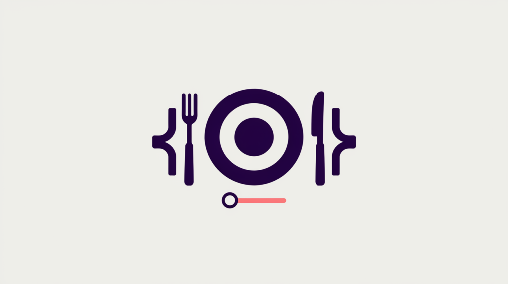 Abstract illustration of a restaurant icon wrapped in JSON-LD code braces representing schema detection, in RankGear indigo and coral.