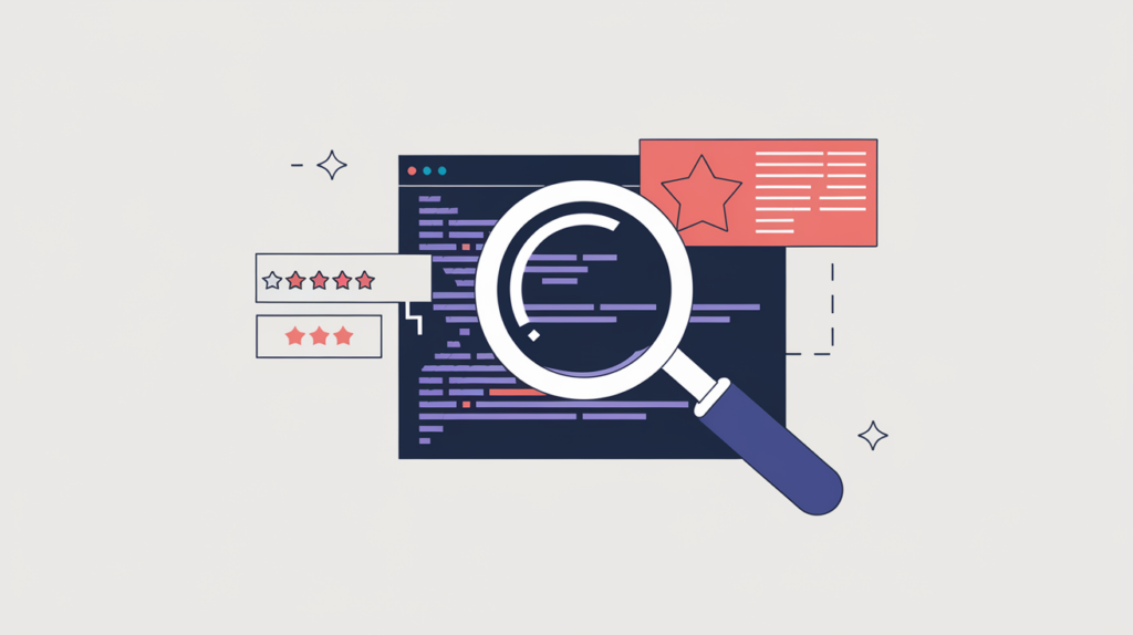 Abstract illustration of a magnifier detecting a Review schema tag with a star rating in page source code, in RankGear indigo and coral.
