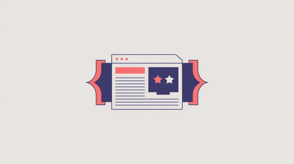 Abstract illustration of a news review article tagged with JSON-LD structured data and a rating badge, in RankGear indigo and coral.