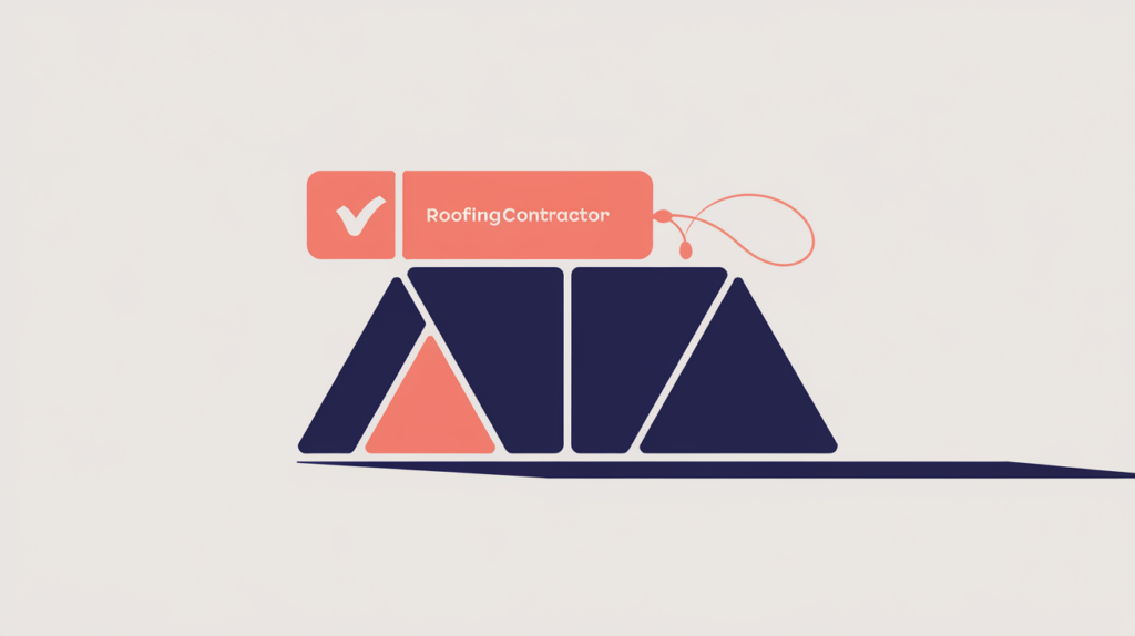 Abstract illustration of a house-shaped JSON-LD RoofingContractor schema tag, in RankGear indigo and coral.