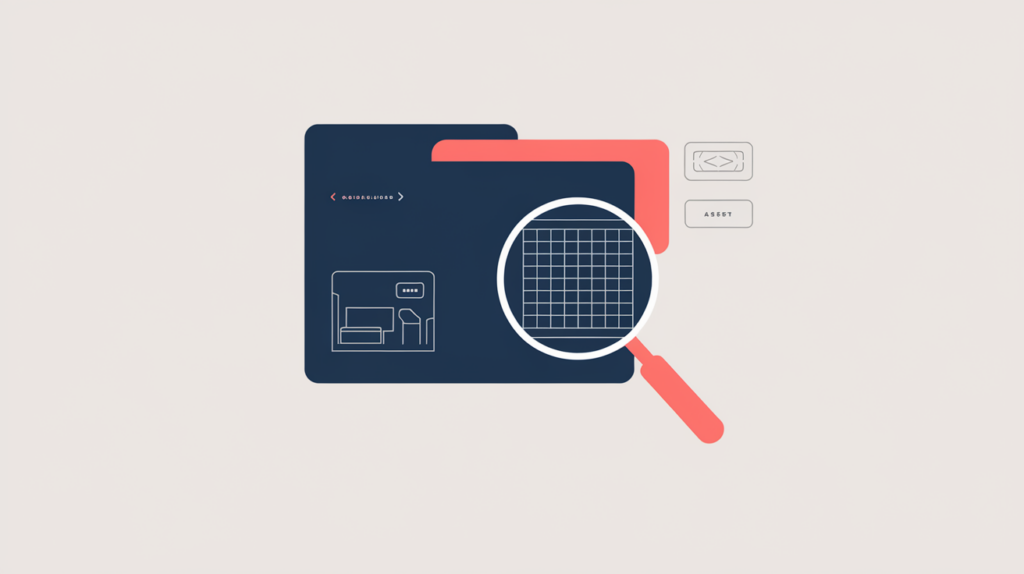Abstract illustration of a room floor-plan card tagged with JSON-LD structured-data brackets, in RankGear indigo and coral.