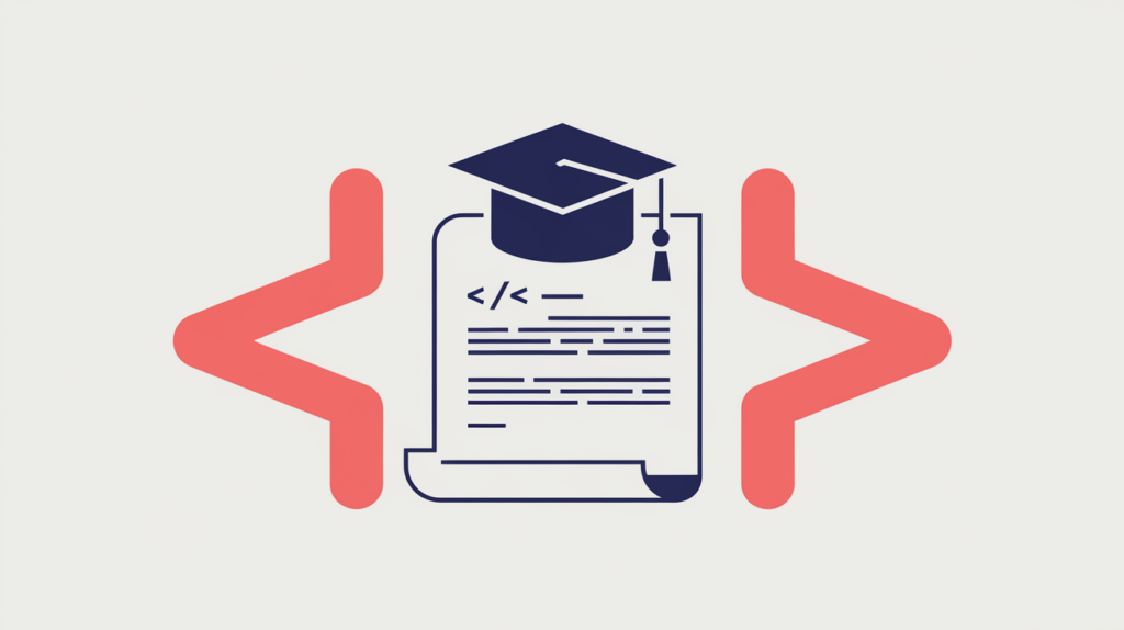 Abstract illustration of a scholarly article document tagged inside JSON-LD structured data brackets, in RankGear indigo and coral.
