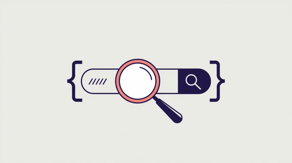 Abstract illustration of a site search bar wrapped in structured-data brackets, in RankGear indigo and coral.
