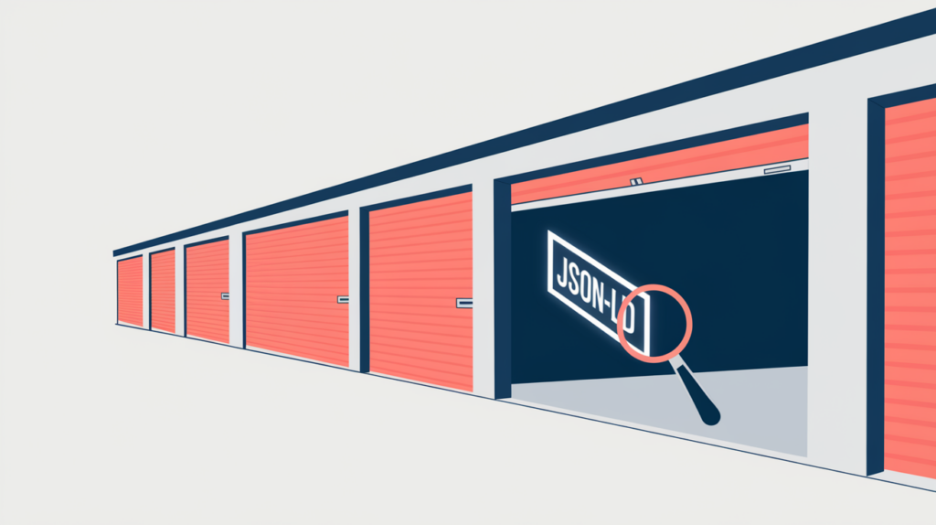Abstract illustration of a self-storage unit revealing a JSON-LD schema tag being scanned for a SelfStorage type match, in RankGear indigo and coral.