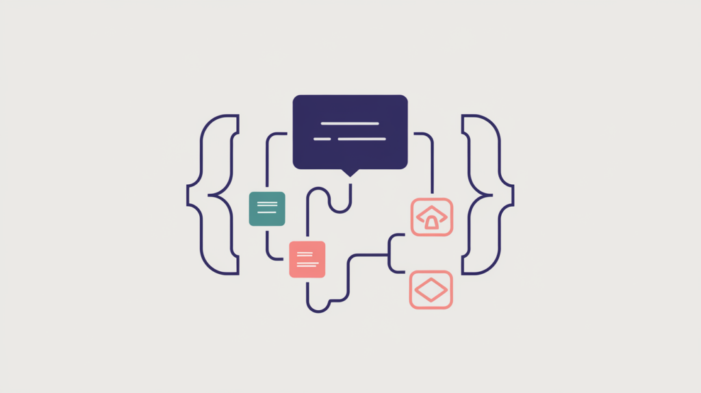 Abstract illustration of a service modeled as a JSON-LD Service entity linked to provider and area-served nodes, in RankGear indigo and coral.