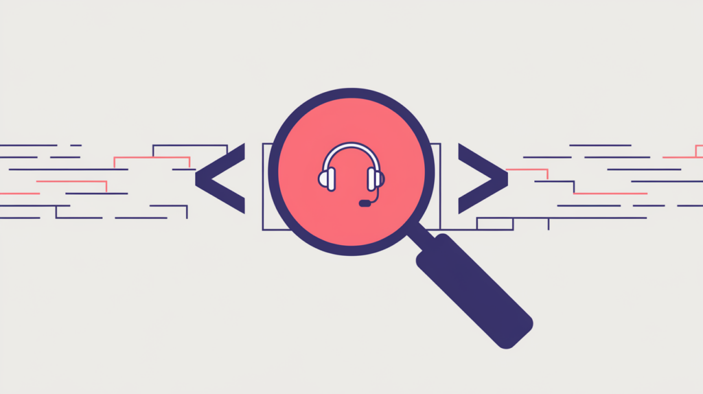 Abstract illustration of a magnifier detecting a ServiceChannel JSON-LD type token inside a strip of raw HTML source, in RankGear indigo and coral.