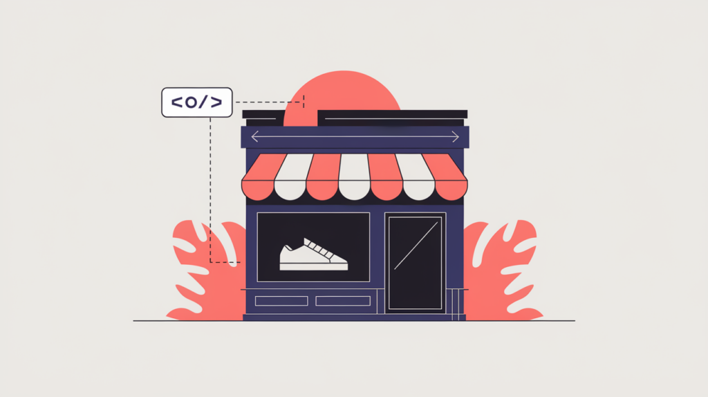 Abstract illustration of a shoe store storefront linked to a JSON-LD schema type node, in RankGear indigo and coral.