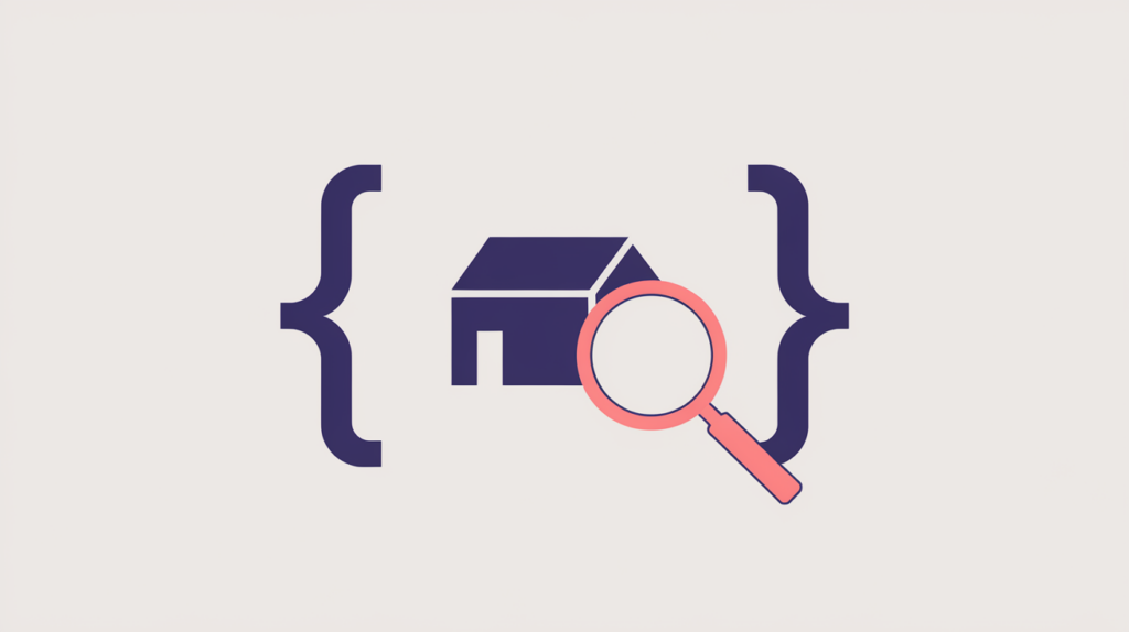 Abstract illustration of a single-family house inside JSON-LD curly braces with a magnifier, in RankGear indigo and coral.