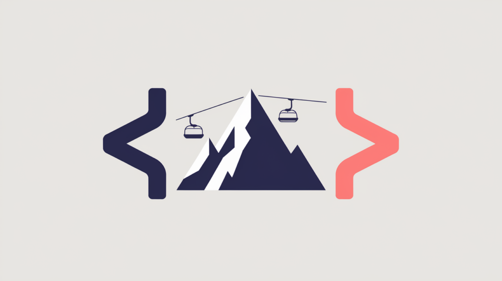 Abstract illustration of a ski-resort mountain and chairlift enclosed in a JSON-LD code bracket, in RankGear indigo and coral.