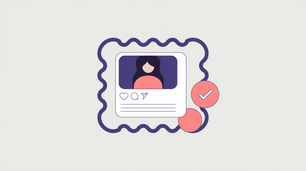 Abstract illustration of a social media post card with interaction counters wrapped in a JSON-LD schema tag, in RankGear indigo and coral.