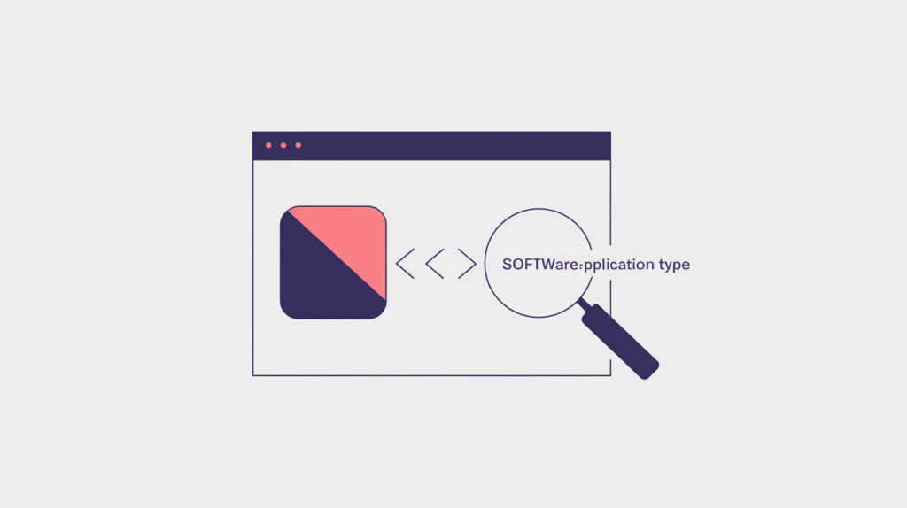 Abstract illustration of a software application window wrapped in a JSON-LD SoftwareApplication schema tag, in RankGear indigo and coral.