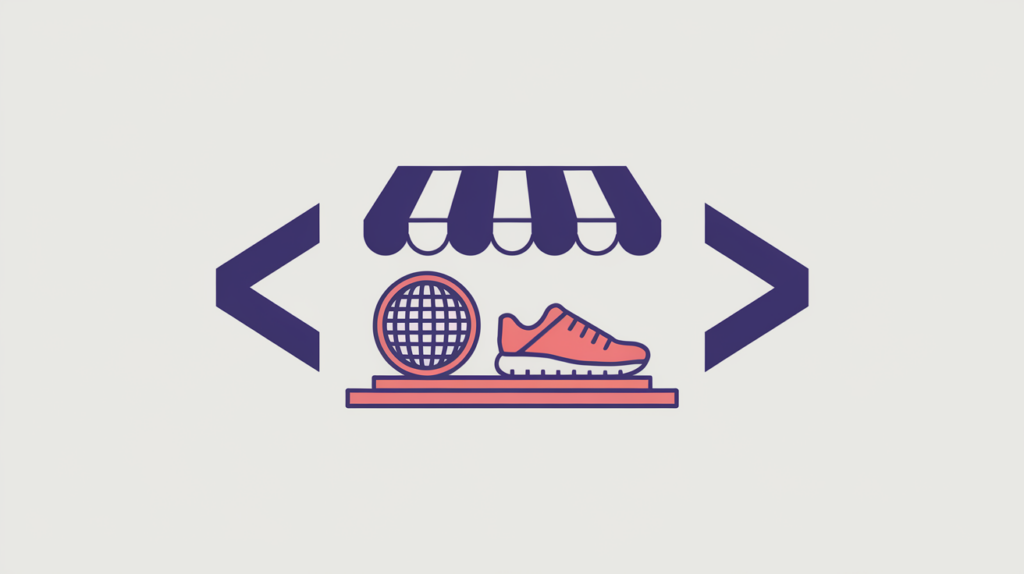Abstract illustration of a JSON-LD SportingGoodsStore schema declaration detected as present, in RankGear indigo and coral.
