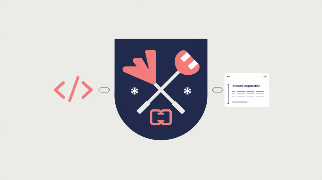 Abstract illustration of a sports club emblem linked to a JSON-LD structured-data node, in RankGear indigo and coral.