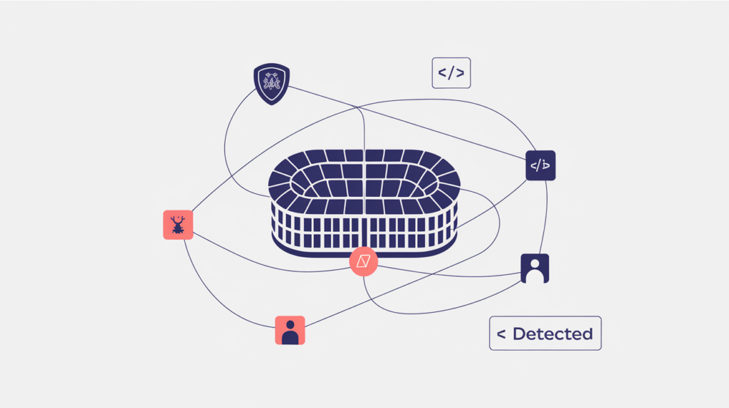 Abstract illustration of a JSON-LD SportsOrganization schema node linked to sport, team, location and event properties, in RankGear indigo and coral.