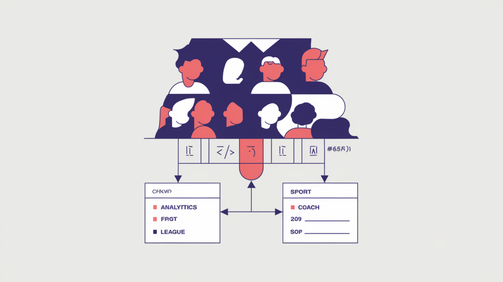 Abstract illustration of a sports team entity linked to a JSON-LD structured-data node, in RankGear indigo and coral.