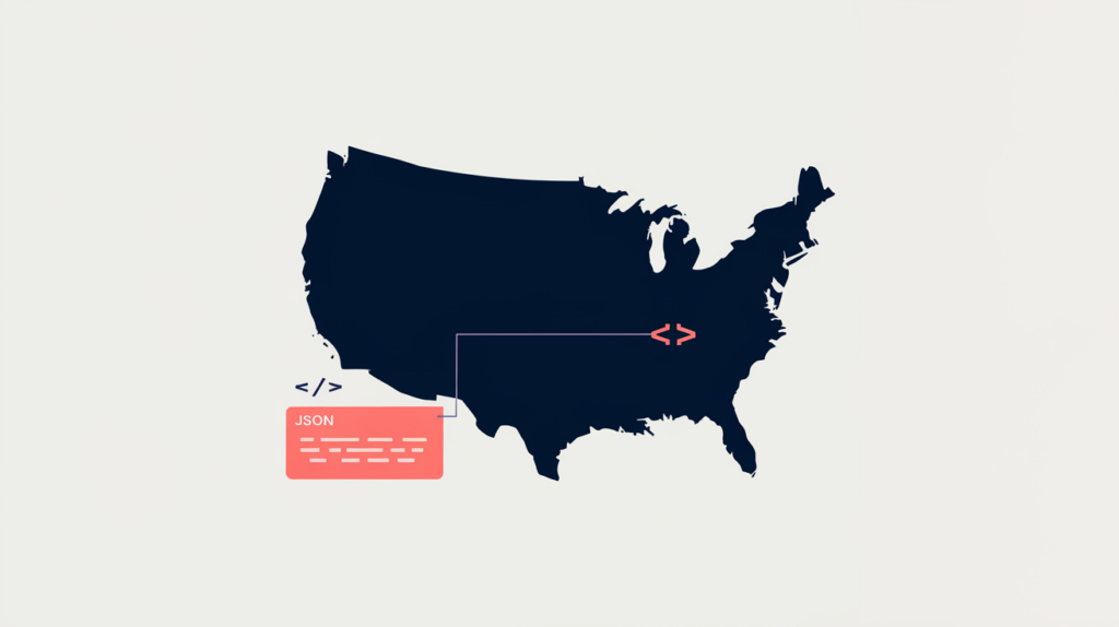 Abstract illustration of a state-shaped region linked to a JSON-LD structured-data block, in RankGear indigo and coral.